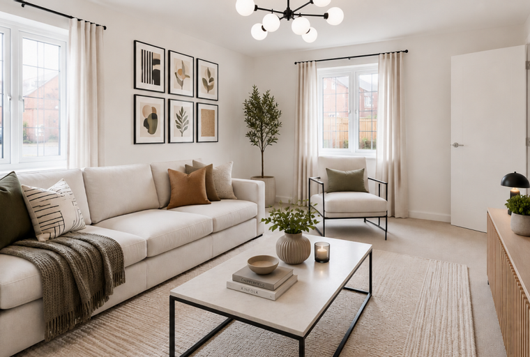 A living room with a sectional sofa, coffee table, armchair, and artwork on the wall.