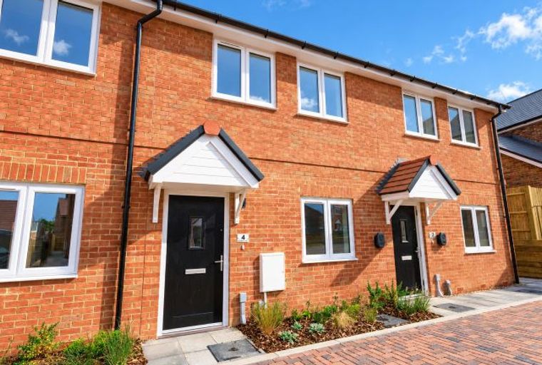 A row of modern red brick townhouses with black front doors and white windows under a blue sky.
