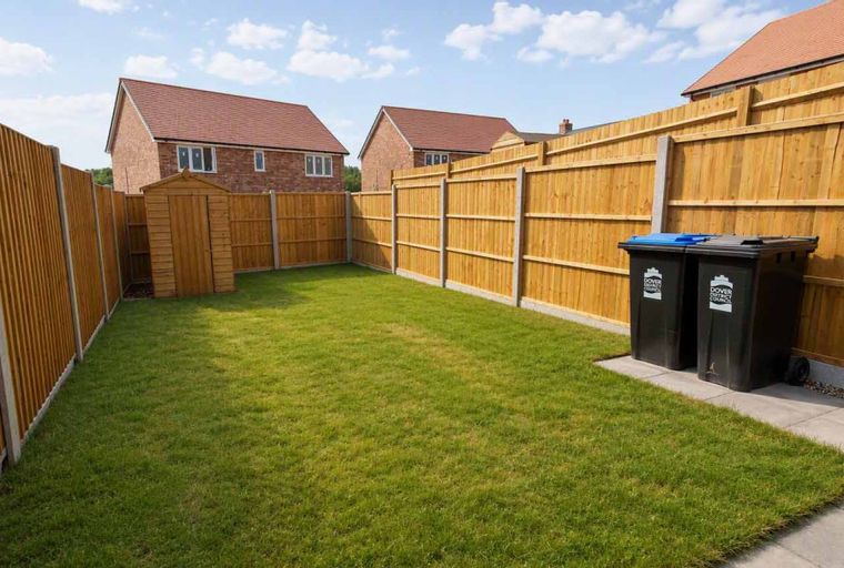 A backyard with a lawn, a wooden shed, a wooden fence, and two trash bins.