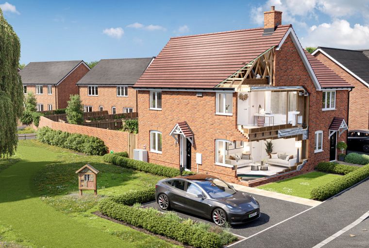 A cutaway view of a brick house with a cutaway showing the interior, a car in the driveway, and a garden.