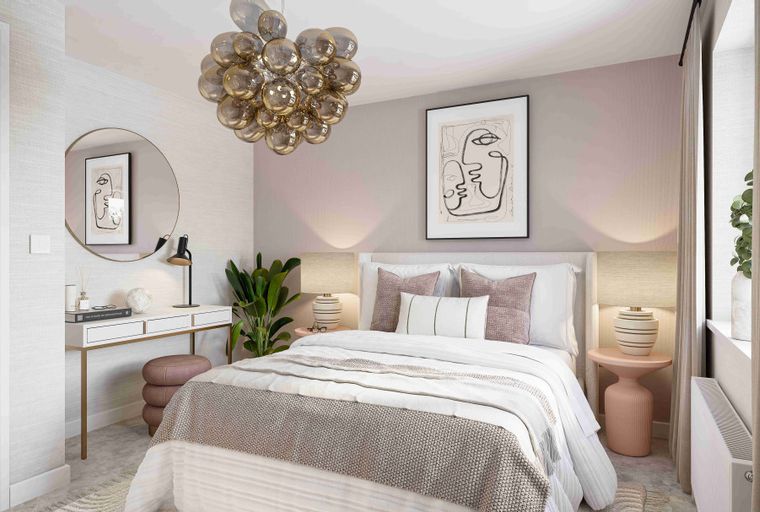 A bedroom with a bed, nightstands, a vanity, and a chandelier.