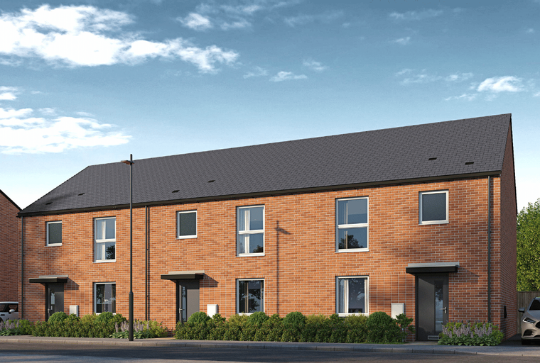 A row of modern brick houses with dark roofs and large windows.
