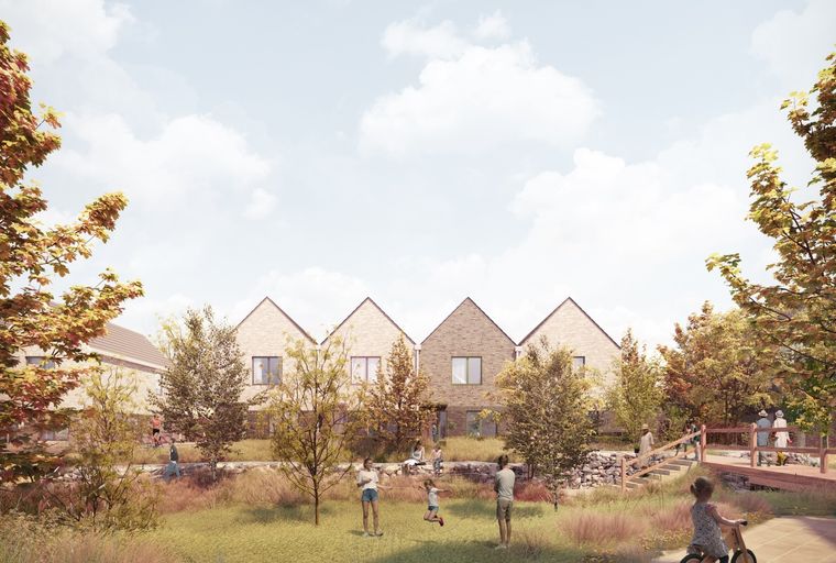 A view of modern townhouses with gabled roofs, surrounded by trees and green spaces, with people walking and children playing.