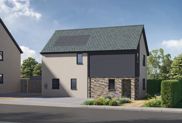 A modern two-story house with solar panels and an EV charger.