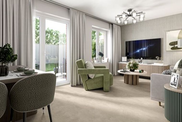 A living and dining room with a table, chairs, a sofa, an armchair, and a television.