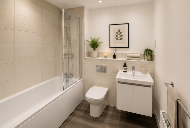 A bathroom with a bathtub, shower screen, toilet, and sink.