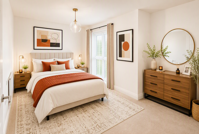 A bedroom with a bed, bedside tables, a dresser, and artwork.