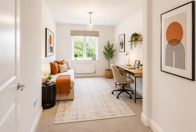 A room with a sofa bed, a desk, and a window.