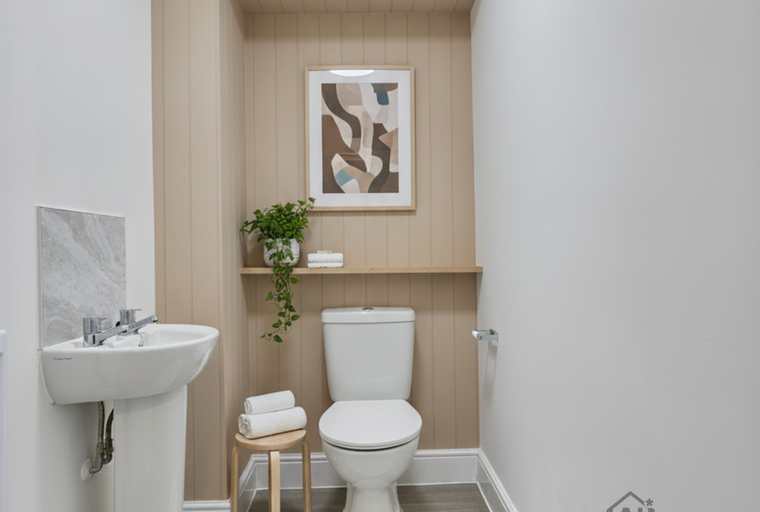 A bathroom with a sink, toilet, and a small stool with towels.