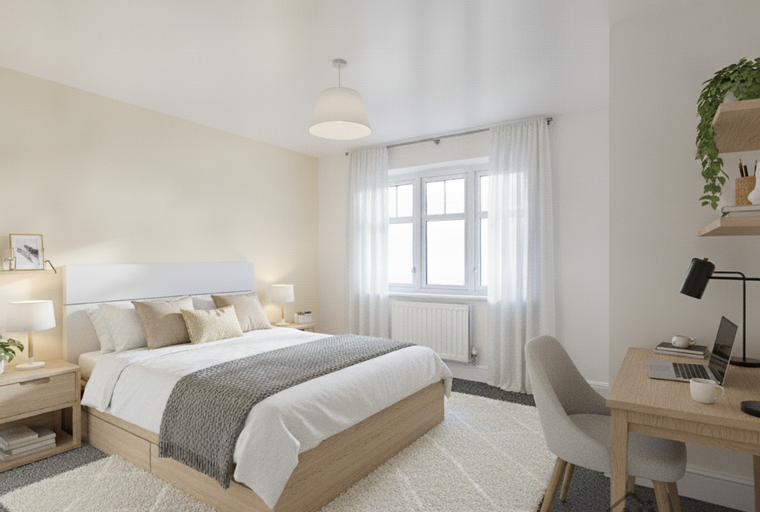 A bedroom with a bed, bedside tables, a window, and a desk.