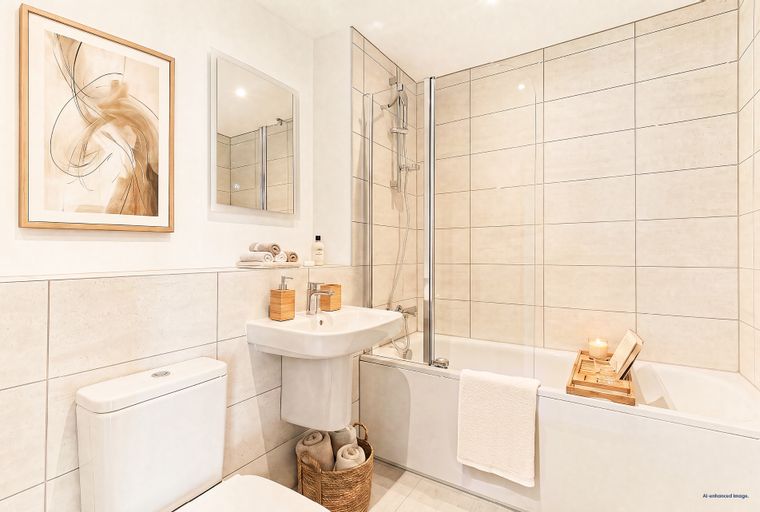 A bathroom with a bathtub, sink, toilet, and a framed picture on the wall.