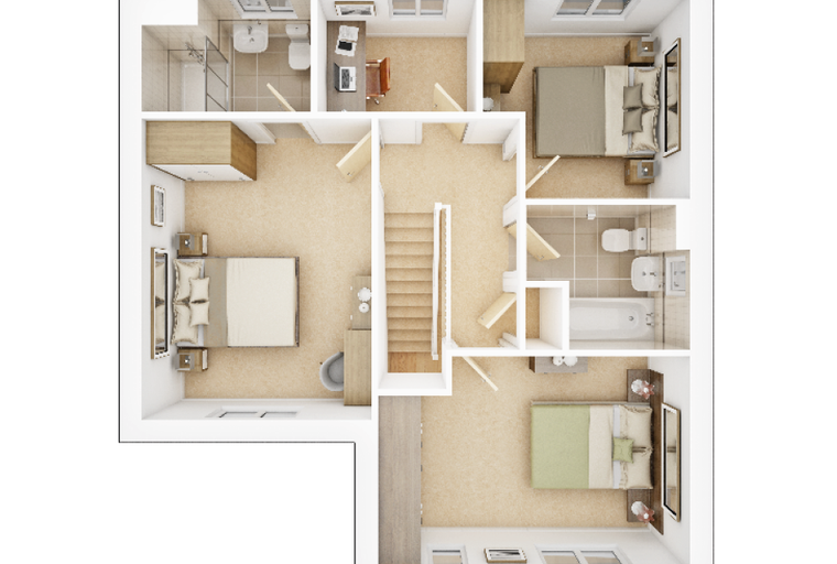 A floor plan of a house with three bedrooms, two bathrooms, and an office.