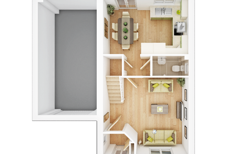 A 3D floor plan of a house with a living room, kitchen, dining area, and an unfinished room.