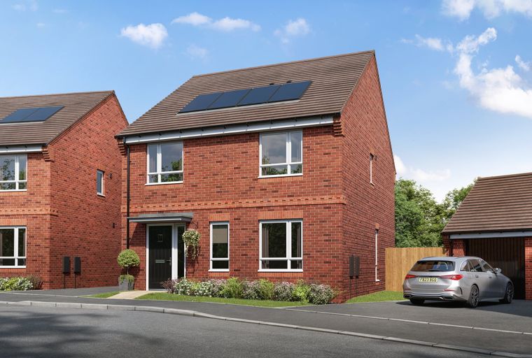 A red brick house with solar panels on the roof, a front door, windows, and a car in the driveway.