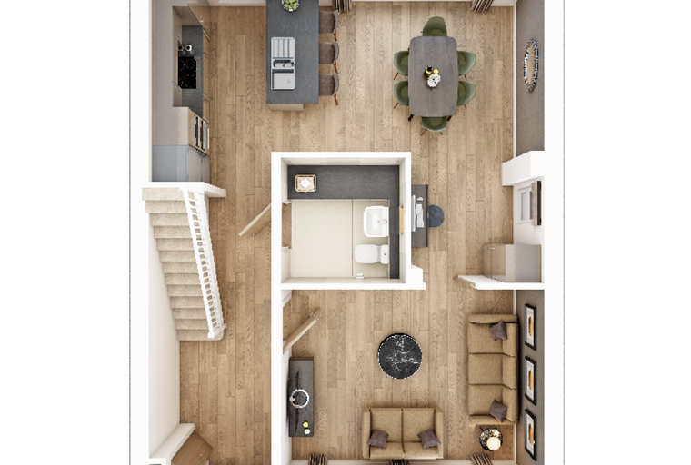 A 3D floor plan of a house interior with a kitchen, dining area, living room, and bathroom.