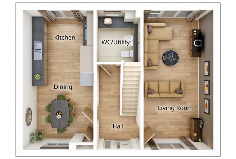 A floor plan showing a kitchen, dining area, living room, hall, and WC/Utility room.