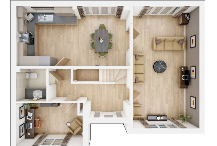 A floor plan of a house with a kitchen, dining area, living room, and home office.
