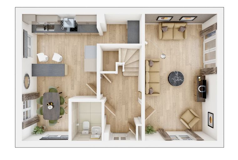 A floor plan of a house with a kitchen, dining area, living room, and bathroom.