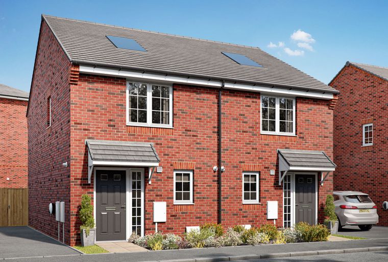 A red brick semi-detached house with dark grey front doors, white windows, and a driveway with a car.