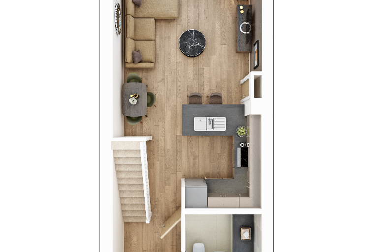 A top-down view of a modern apartment interior with a living area, dining space, kitchen, and bathroom.