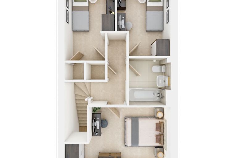 A floor plan of a house with bedrooms, a bathroom, and a staircase.