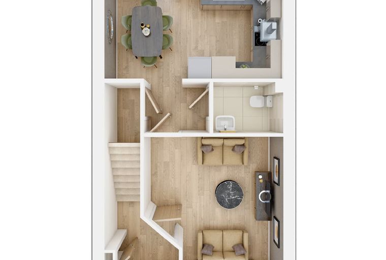 A floor plan of a two-story house with a living room, dining room, kitchen, and bathroom.