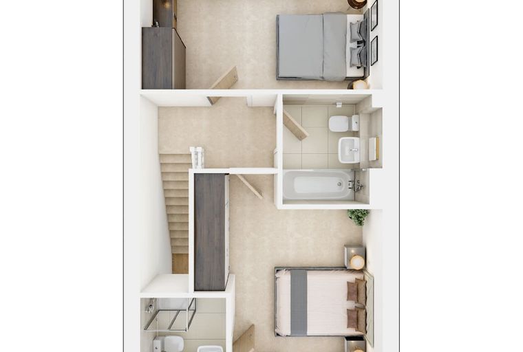 A top-down view of a two-story home with two bedrooms and two bathrooms.