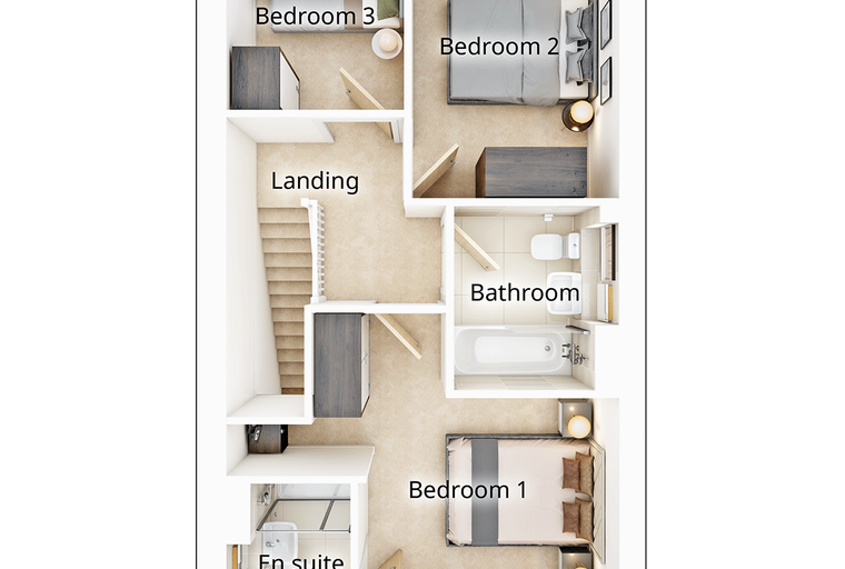 A floor plan showing three bedrooms, a landing, a bathroom, and an en suite.