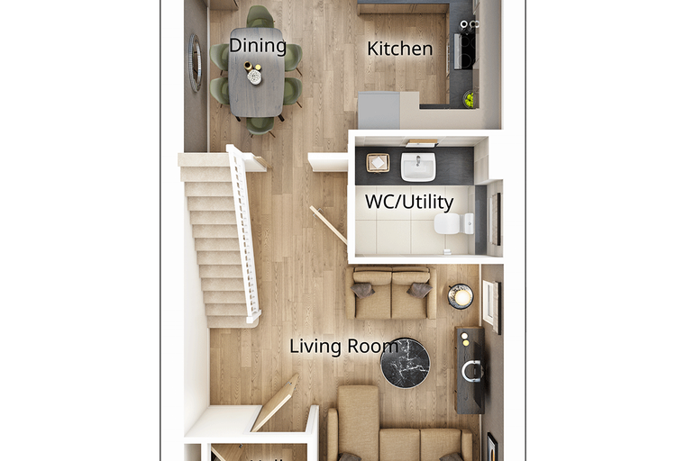 A floor plan of a house showing a living room, dining room, kitchen, WC/utility, and hall.