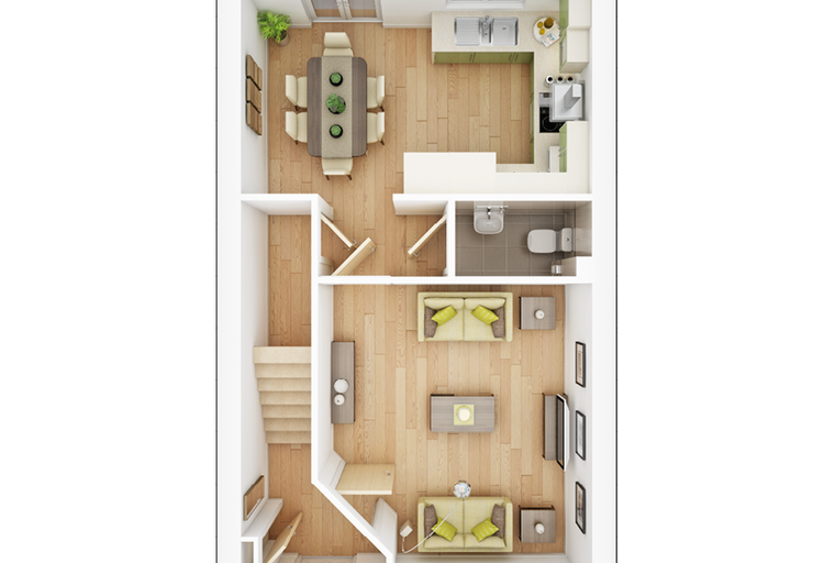 A floor plan of a house with a living room, dining room, kitchen, and bathroom.