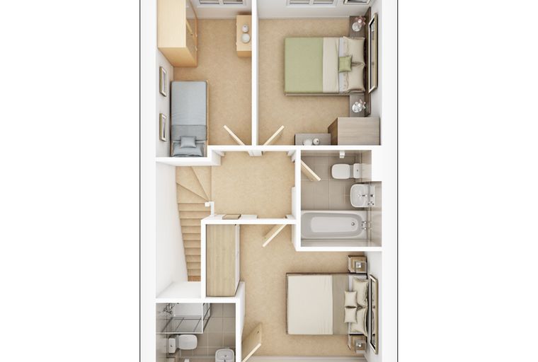 A 3D floor plan of a house with bedrooms, bathrooms, and living areas.