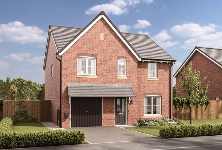 A two-story brick house with a garage and a front garden.