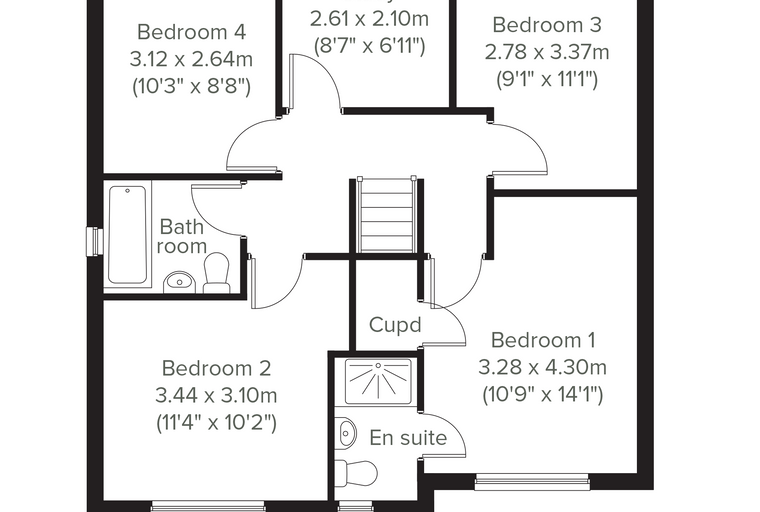 A floor plan of a four-bedroom house with a study, bathroom, and en-suite.
