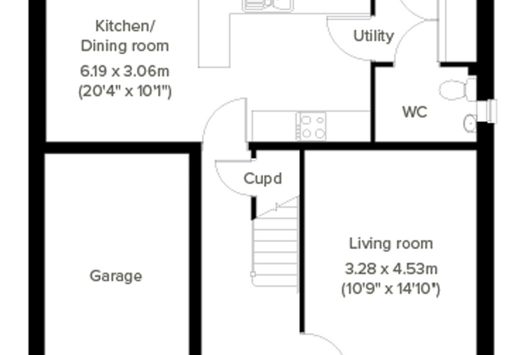 A floor plan of a house with a kitchen/dining room, utility, WC, living room, garage, and a cupboard.