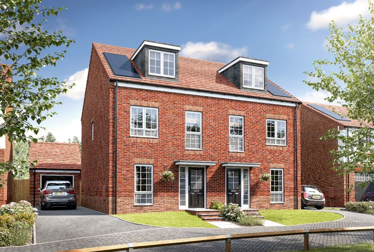 A pair of red brick semi-detached houses with dormer windows and solar panels.