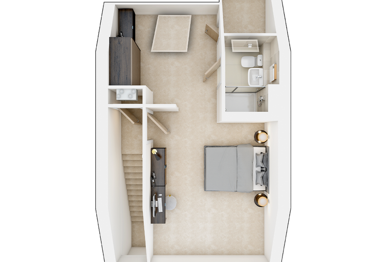 A loft apartment with a bedroom, bathroom, and workspace.