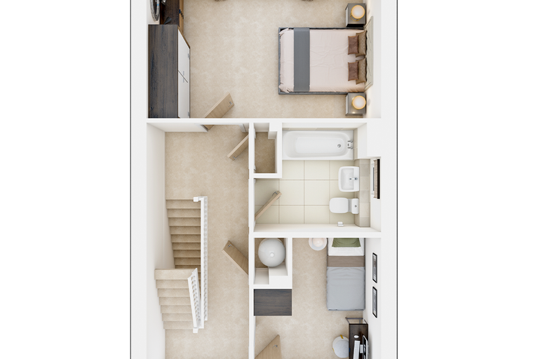 A floor plan of a house with two bedrooms and a bathroom.