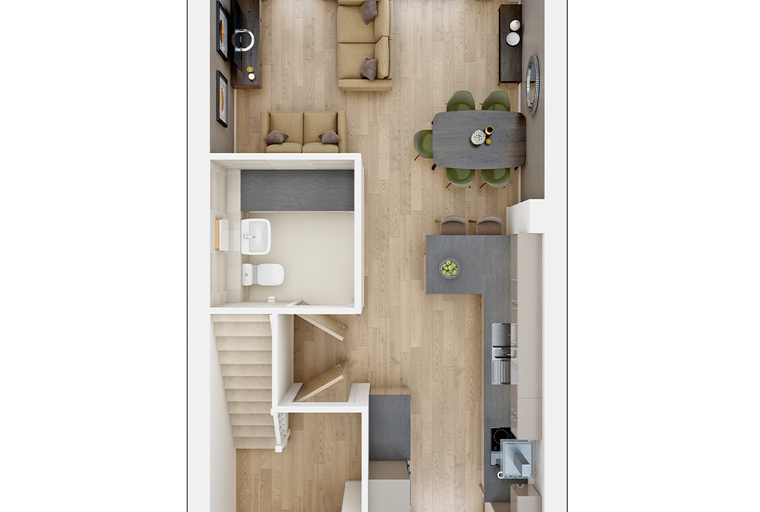 A floor plan of a multi-story house with living room, dining area, kitchen, and bathroom.