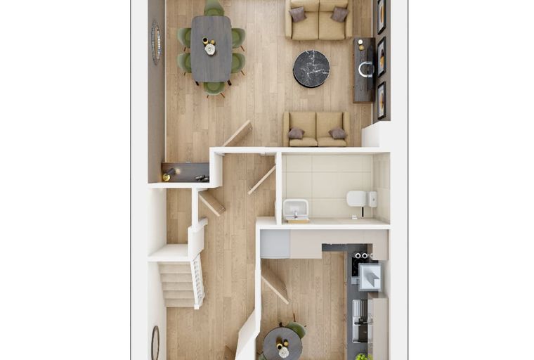 A floor plan of a multi-story house with living, dining, kitchen, and bathroom areas.