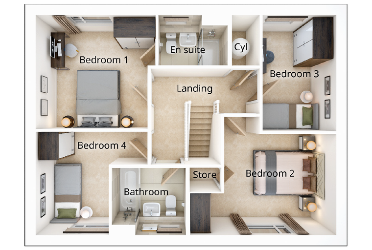 A floor plan of a house with four bedrooms, a landing, an en-suite, a bathroom, and a store.