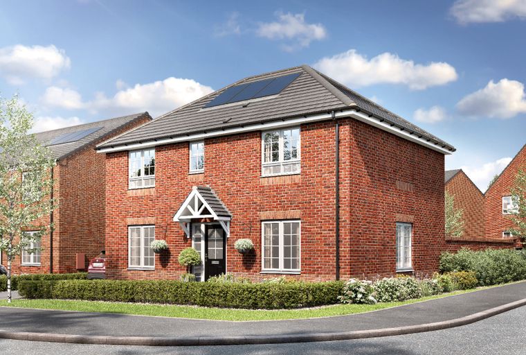 A two-story brick house with solar panels on the roof, a porch, and a garden.