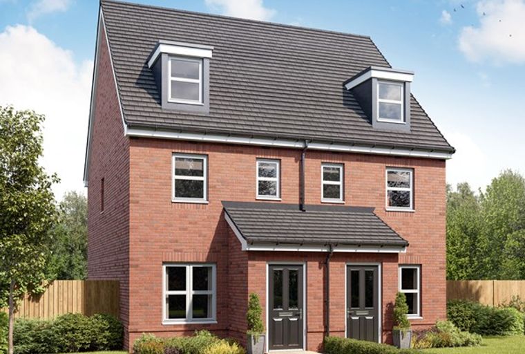 A red brick semi-detached house with dormer windows and two front doors.