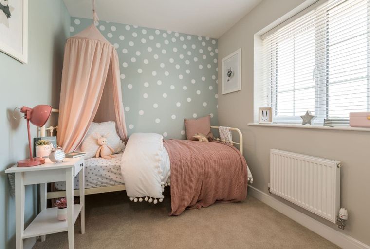 A child's bedroom with a bed, canopy, and polka dot wallpaper.