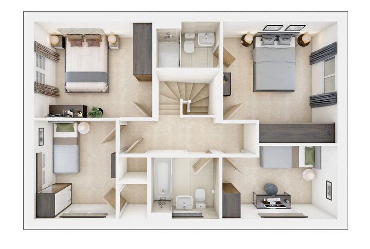 A floor plan of a house with four bedrooms and two bathrooms.