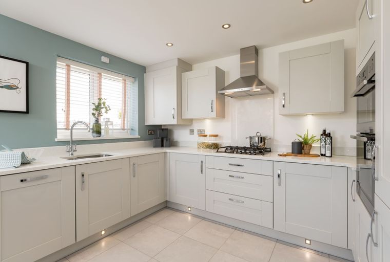 A modern kitchen with light gray cabinets, a stainless steel range hood, and a gas stovetop.