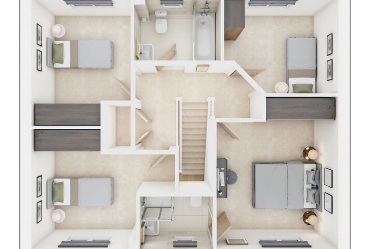 A floor plan of a house with four bedrooms and two bathrooms.