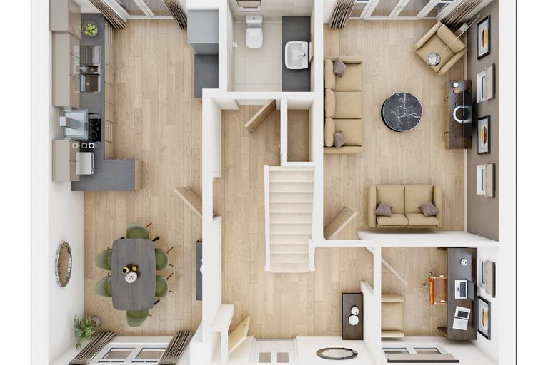 A 3D floor plan of a house showing a kitchen, living room, dining area, bathroom, and home office.