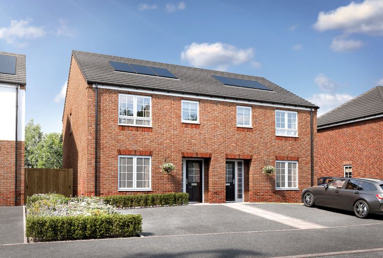 A red brick semi-detached house with solar panels on the roof, white-framed windows, and two front doors, parked cars, and a garden in front.