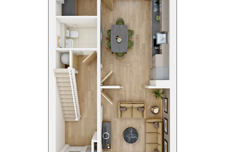 A floor plan of a multi-level home with a living room, dining area, kitchen, and staircase.