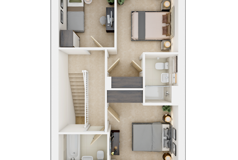 A 3D floor plan of a house with multiple bedrooms and bathrooms.